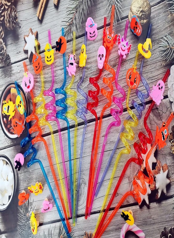 Roaqua 24 packs Bulk Halloween Reusable Plastic Straws For Kids Birthday Party Favors,Pumpkin Ghost Witch Crazy Drink Straws For Classroom Activity with brush - Image 3